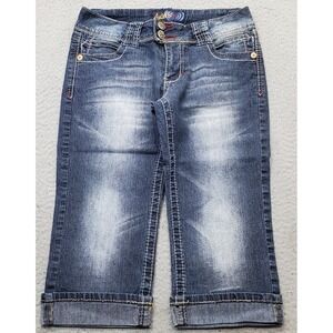 Angels Forever Young Capri Jeans Womens 7 Blue Denim Faded Cuffed Hem Button Fly
